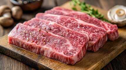 Fototapeta premium Freshly Cut Wagyu Beef on Wooden Board with Seasoning and Garnish in Rustic Kitchen Setting