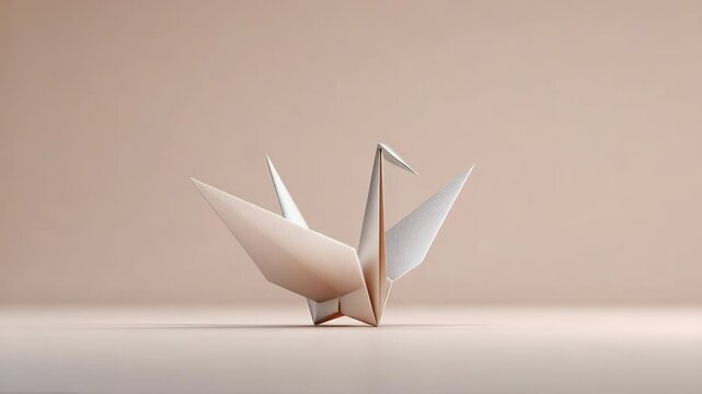 White paper origami crane bird on smooth surface with soft beige light