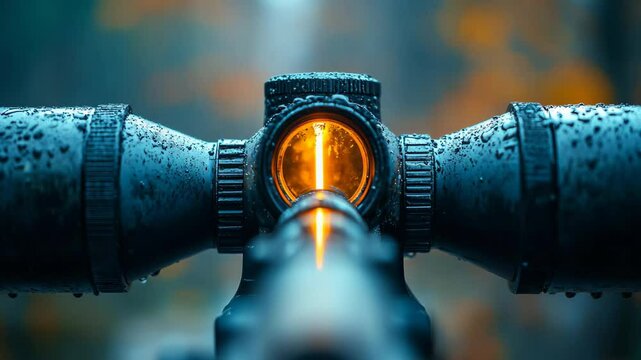 A skilled marksman takes aim through a state of the art scope in a misty autumn forest, surrounded by vibrant colors and the serenity of nature. Focus is key as rain falls gently.