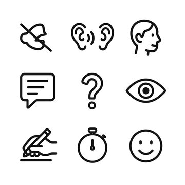 Active Listening Icons. Outline icon set of active listening techniques: open mouth off, ears listening, nodding head, paraphrase