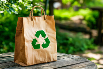 Eco paper bag with recycle sign promoting sustainable packaging and plastic free alternatives