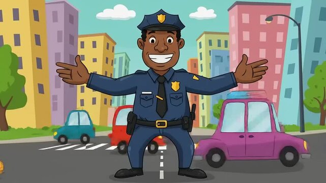 Cartoon police officer joyfully directing traffic in a colorful urban setting with cars passing by