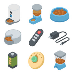 Automatic Pet Feeders Icons. Isometric Flat icon set of automatic pet feeders: programmable feeder, gravity feeder, slow-feed bowl