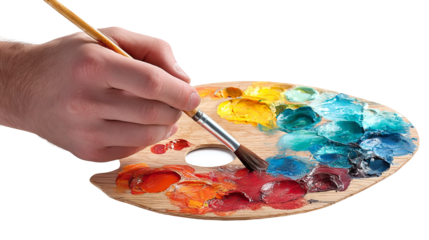 Palette of Inspiration: A human hand with a brush mixes vibrant paint colors on a wooden palette, showcasing the tools of a painter's craft.