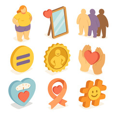 Body Positivity Icons. Isometric Flat icon set of body positivity movement: plus-size figure, mirror with heart, diverse