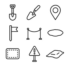 Fototapeta premium Burial Process Icons. Outline icon set of burial process: shovel, trowel, GPS marker, survey stake, rope, hole outline, protective