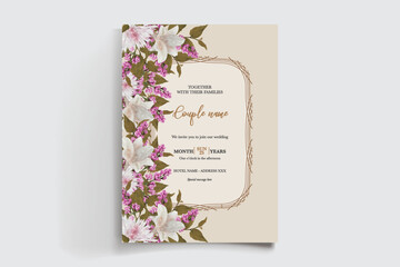WEDDING INVITATION FRAME WITH FLOWER DECORATIONS AND FRESH LEAVES
