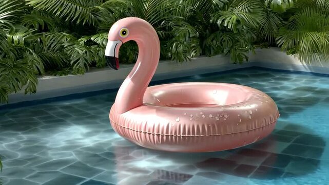 Relaxing summer afternoon by the swimming pool with a playful flamingo float in a tropical garden setting