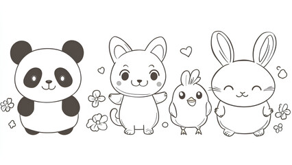 Obraz premium Cute Kawaii Animals Coloring Page