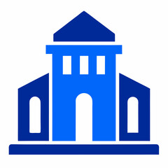 Blue building vector icon on white background.