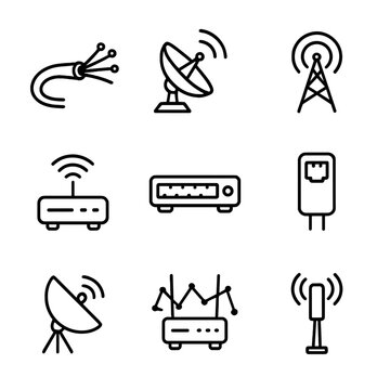 Communication Technology Icons. Outline icon set of communication backbone technologies: fiber optic cable, microwave link,
