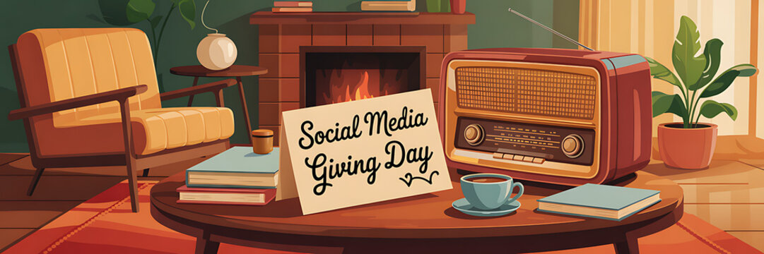 Social Media Giving Day Banner, retro office setup - Powered by Adobe