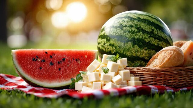 Fresh watermelon and cheese with bread arranged on a picnic blanket in a sunny park during the afternoon