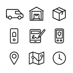 Delivery Route Icons. Outline icon set of delivery route drop-offs: delivery van, warehouse loading dock, parcel box, doorbell,