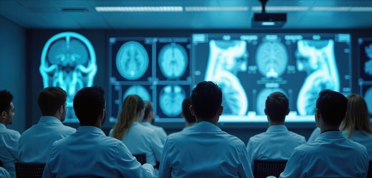 Medical students attend radiology lecture focused brain imaging in modern educational setting. Professionals study medical scans, magnetic resonance imaging, diagnostic techniques. Healthcare