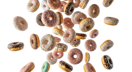 Delicious glazed donuts in mid-air isolated PNG with Transparent Background