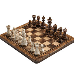 A chess board with chess pieces set up for a game on a wooden board on a black background on transparent background