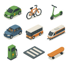 Eco Transportation Icons. Isometric Flat icon set of eco-friendly transportation: electric car, bicycle, electric scooter, carpool