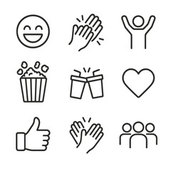 Fototapeta premium Audience Engagement Icons. Outline icon set of audience engagement: laughing emoji, applause hands, standing ovation, popcorn toss