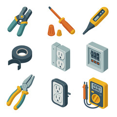 Electrical Tools Icons. Isometric Flat icon set of electrical repairs: wire stripper, insulated screwdriver, voltage tester,