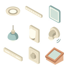 Bathroom Lighting Icons. Isometric Flat icon set of bathroom lighting solutions: recessed ceiling light, LED vanity strip, backlit