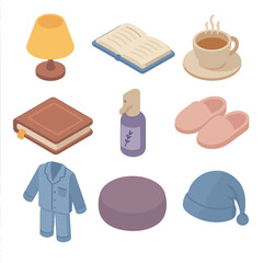 Evening Wind-Down Icons. Isometric Flat icon set of evening wind-down activities: dimmed lamp, book, hot tea, journal, lavender