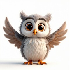 Adorable fluffy owl with big welcoming eyes, outstretched wings. Cute cartoon baby owl illustration with soft grey, white feathers. Sweet animal character design for baby shower decor, kids apparel.
