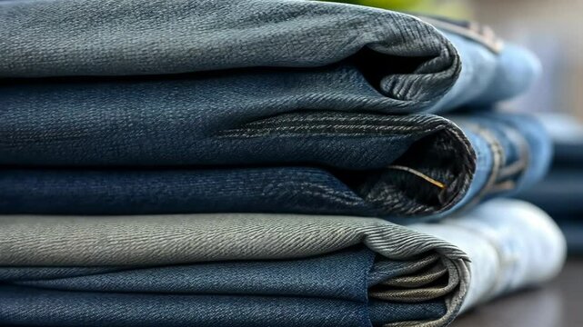 Rolls of denim jeans neatly stacked in a retail store with various shades displayed in a modern environment