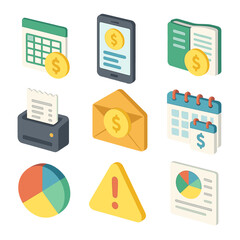 Expense Tracking Icons. Isometric Flat icon set of expense tracking tools: spreadsheet, mobile app, paper ledger, receipt scanner,