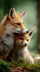 Fototapeta premium Red fox mother cuddling her baby fox in green forest