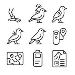Fototapeta premium Bird Tracking Icons. Outline icon set of bird tagging and tracking: leg band, satellite tag, geolocator, radio transmitter, color