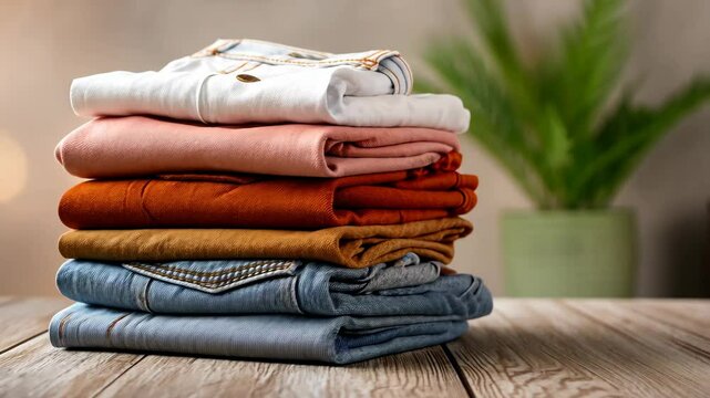 Neatly stacked colorful clothes showcasing various fabric textures in a cozy indoor setting with soft lighting