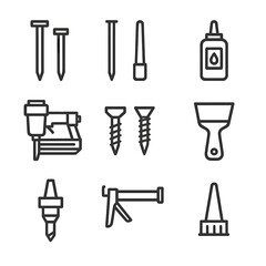 Fastening Tools Icons. Outline icon set of fastening and glue application: finish nails, nail set, wood glue tube, adhesive
