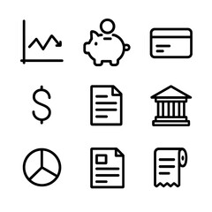 Financial Icon Set. Outline icon set of financial management: profit-loss graph, piggy bank, credit card, dollar sign, invoice,