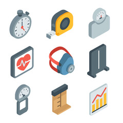 Isometric Fitness Tools Icons. Isometric Flat icon set of testing and assessment tools: stopwatch, tape measure, scale, heart rate