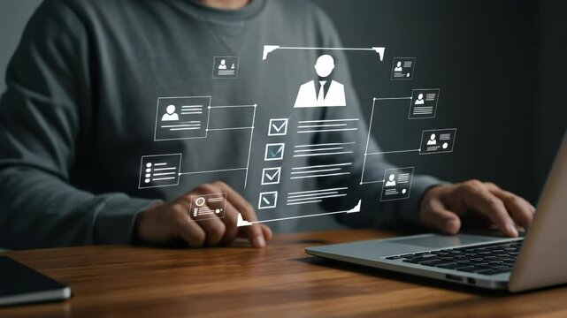 Hiring Process Automation: Man Checking Digital Checklist on Laptop, HR Tech, Recruitment, Employee Screening, Candidate Selection