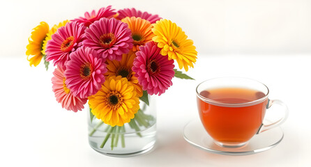 A display of zinnias in glass vase, beside a steaming cup of tea, captured rendered in 3D low-poly
