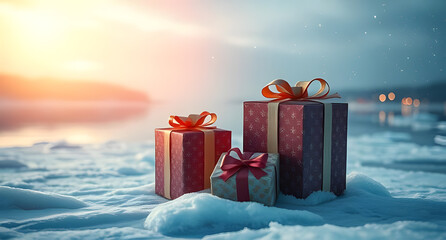 A New Year's Eve-themed composition featuring wrapped gift boxes on frozen lake, rendered in surreal dreamscape, photographed with warm spotlight