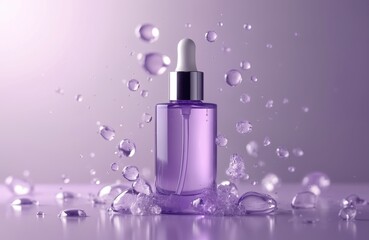 Minimalistic product photo, purple serum bottle with bubbles. Elegant, luxury beauty product with smooth, radiant finish. Modern aesthetic with fresh glow, suitable for skincare promotion.