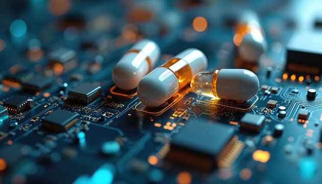 Close-up pharmaceutical capsules on circuit board with glowing elements. Medicine, tech innovation, healthcare concept. Futuristic design, research, science, health, wellness and laboratory.