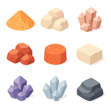 Non-Metallic Minerals Icons. Isometric Flat icon set of non-metallic minerals: silica sand, limestone, gypsum, phosphate rock,