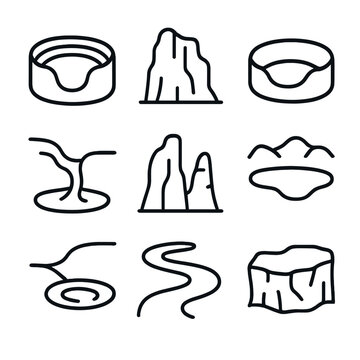 Karst Landscape Icons. Outline icon set of karst landscapes: sinkhole, limestone cliff, doline, ponor, karst tower, polje, spring,