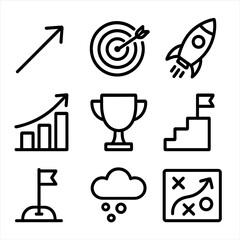 Obraz premium Growth Strategy Icons. Outline icon set of growth strategy and goals: upward arrow, target bullseye, rocket, growth chart, trophy,