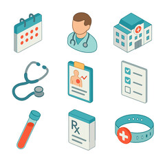 Healthcare Icon Set. Isometric Flat icon set of healthcare visits for pain: appointment calendar, doctor’s figure, clinic building