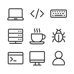 Coding Bootcamp Icons. Outline icon set of coding bootcamp session: laptop, code brackets, keyboard, server rack, coffee cup, bug