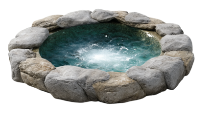 Tranquil Stone Water Feature: A captivating display of natural elements. A circular pool of water is gracefully encased by an arrangement of weathered stones.