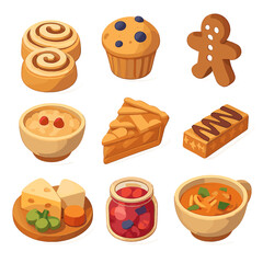 Comfort Food Icon Set. Isometric Flat icon set of comfort food treats: cinnamon rolls, blueberry muffin, gingerbread cookie,