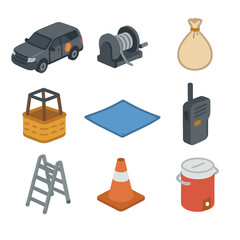 Hot Air Balloon Crew. Isometric Flat icon set of hot air balloon ground crew operations: chase vehicle, winch, ballast sandbag,