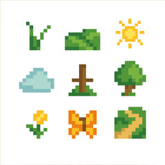 Obraz premium Pastoral Pixel Art Icons. Pixel art icon set of green pasture landscape: grass blade, rolling hill, sun, cloud, fence post, lone