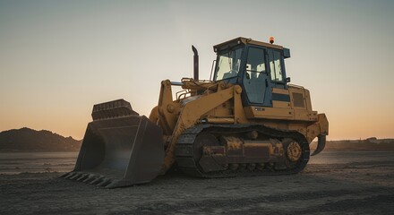 Yellow bulldozer at sunset